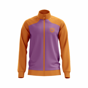 Veste de survêtement unisexe violette et orange à blocs de couleur, manches longues, col montant, fermeture éclair, design sportif, respirante, en polyester, pour adulte - Product Image 1