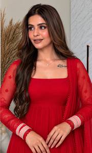 Women's Red Floor-Length Traditional <b>Dress</b> <b>With</b> Lace Sleeves And <b>Cape</b> Loose Fit <b>Wedding</b> Attire India Pakistan Style - Product Image 3