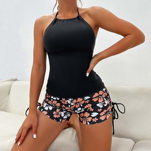Traje de baño Halter Tankini para mujer, traje de baño elástico fruncido de color sólido, traje de baño de una pieza para playa - Product Image 2