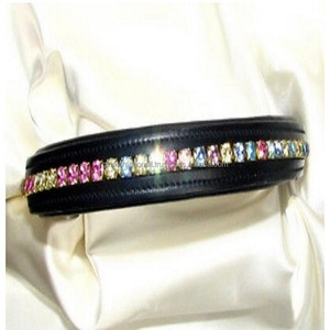 Correa de cuero para cejas de caballo, banda en cuero negro y marrón con cristales multicolor ostentosos grandes, hecha a medida, forma recta, canal vacío - Product Image 4
