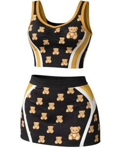 Custom Women Black <b>Yellow</b> Teddy Bear Print Two Piece Skirt Set Sleeveless Crop Top High Waist Mini Skirt Stretch Summer Wear - Product Image 1