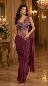 Sari en soie bordeaux avec broderie lourde de miroirs et broche, style Bollywood pour femme, idéal pour mariage - Product Image 4