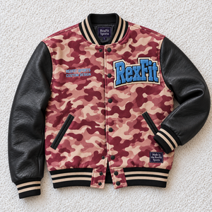 Veste universitaire camouflage personnalisée unisexe avec patchs lettres en chenille, manches en similicuir, col côtelé rayé et boutons-pression – Style streetwear - Product Image 1