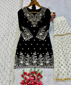 Ensemble Kurta Palazzo Dupatta brodé or noir pour femmes, costume ethnique traditionnel pour mariage - Product Image 2