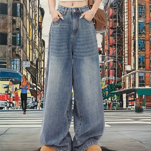 Jeans de Mezclilla de Cintura Alta y Pierna Ancha para Mujer, Corte Regular, Lavado a la Piedra, Algodón, Pantalones Casuales de Longitud Completa, Estilo Vintage, Verano, Ecológicos - Product Image 4