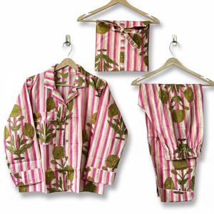 Conjunto de Pijama de 3 Piezas de Algodón Suave para Mujer |   Ropa de estar por casa con estampado a mano |   Logotipo frontal estilo bohemio para verano - Product Image 1