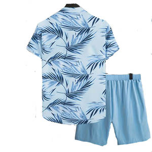 Men's Summer Casual Short Sleeve Shirt Set With Palm Print And <b>Light</b> Blue Shorts Breathable Polyester Fabric - Product Image 2