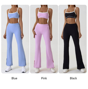 Seamless Breathable 100% Polyester Wrinkle-Resistant Yoga Set Mid Waist Full Length <b>Flared</b> <b>Leggings</b> Crop Top Spaghetti Strap - Product Image 5