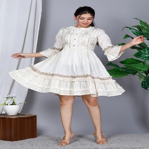Chic Ivory Cotton Women's Fit and Flare <b>Kurti</b> with Delicate Embroidery Lace Details and Feminine Tiered Design - Product Image 1