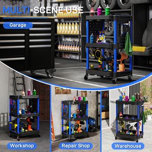 Carrello Portautensili a 3 Ripiani con Capacità di 90 kg, Nero Blu Scuro, con Ripiani Laterali in Plastica per Garage e Officina, Ideale anche per Cappotti da Donna - Product Image 6