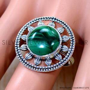 Anillo de Plata de Ley 925 con Malaquita, Diseño Redondo, Gema Semipreciosa Natural, Estilo Casual, para Aniversario o Boda - Product Image 2