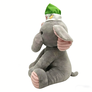 Peluche éléphant gris doux avec oreilles en velours côtelé rose, chapeau de Père Noël vert joyeux brodé, et trompe mignonne bouclée - Product Image 2