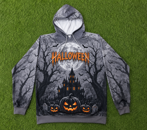 Sweat à capuche unisexe personnalisé en polyester gris, motif citrouille d'Halloween et maison hantée, style gothique streetwear, par sublimation - Product Image 6