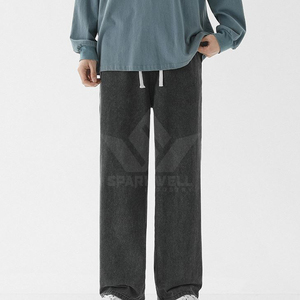 <b>Men's</b> Light Blue <b>Drawstring</b> Wide Leg Denim <b>Jeans</b> Loose Fit Casual Washed Full Length Streetwear Pants - Product Image 6