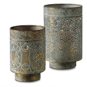 Moroccan Votive Holder <b>Set</b> of 2 Lattice Work Intricated Perforated Patterns <b>Grey</b> Patina Over Antique Gold Votive Holder - Product Image 1