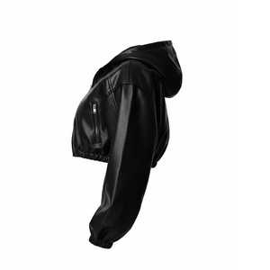 Cropped Hooded Bomber <b>Jacket</b> Women PU <b>Leather</b> Full Sleeve Solid Color Zipper Closure Autumn Style Windproof - Product Image 4