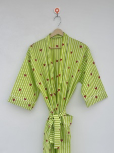 Women Cotton Heart Printed V-neck <b>Kimono</b> Robe Striped Long Sleeve Belted Knee Length Boho Summer <b>Beach</b> Resort Wear Hand Block - Product Image 1