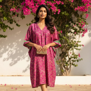 Caftán de Seda Floral Morado Premium con Cuello en V y Volantes en la Parte Inferior, Vestido de Noche de Alta Calidad Hecho a Mano, Obra Maestra en Seda - Product Image 6