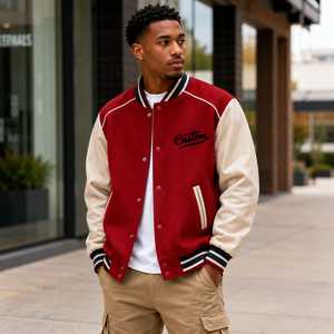 Veste universitaire rouge pour homme, style Letterman, broderie personnalisée, mélange laine/polyester, coupe classique, coupe-vent et respirante pour l'hiver - Product Image 1