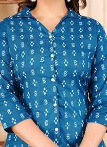 Trendy Women's Floral Printed Blue Cotton Collarless Co-Ord Set Stylish Two-Piece Short Midi Casual Summer Daily Fashion Low - Product Image 3