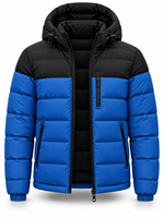 Veste d'hiver à capuche pour homme, color-block noir et bleu, rembourrage en polyester, imperméable, séchage rapide, coupe-vent, fermeture éclair