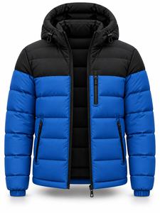 Veste matelassée à capuche pour homme, color-block noir et bleu, rembourrage en polyester, imperméable, séchage rapide, coupe-vent, fermeture éclair, hiver - Product Image 3
