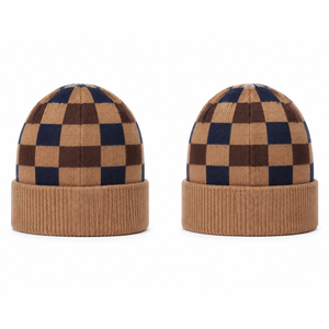 Bonnet en tricot à motif damier marron camel et bleu marine, chaud pour l'hiver, vente en gros - Product Image 2