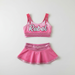ชุดเชียร์ลีดเดอร์สีชมพู Pink Rebel ประดับด้วยคริสตัลวิบวับ พิมพ์ลายกากเพชร ผ้ายืดสแปนเด็กซ์ โพลีเอสเตอร์ ชุดเต้นรำสำหรับผู้หญิง - Product Image 4