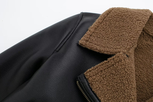 Veste moto en cuir véritable noir pour homme, col montant, fermeture éclair, doublure en sherpa, imperméable, respirante, coupe-vent, style hiver - Product Image 6