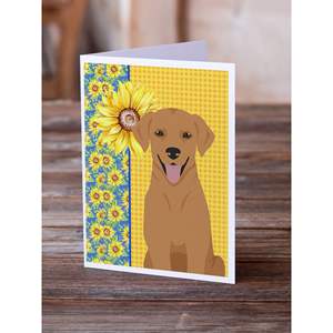Whimsical Summer Sunflowers Red Fox Labrador Retriever Tarjetas de felicitación Pack 8 A7 Tamaño 5x7 Tarjetas de notas en blanco con sobres - Product Image 2