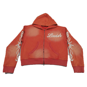 Vente en gros de sweats à capuche zippés pour hommes en molleton bouclette personnalisés, style vintage délavé à la pierre, avec impression sérigraphiée et effet soleil éclairé - Product Image 2