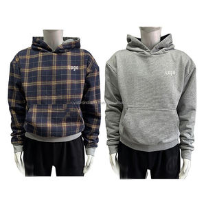 Sweat à capuche réversible en coton épais 100 %, doublure en flanelle à carreaux, poche brodée, pull personnalisé avec logo, double couche, coupe oversize - Product Image 1