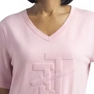 Women Light Pink V Neck T Shirt <b>Dress</b> Short Sleeve Embossed Design Casual <b>Loose</b> Fit Knee Length <b>Summer</b> Fashion <b>Dress</b> for Ladies - Product Image 2