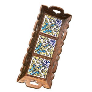 Plateau de service rectangulaire en bois d'acacia fait main avec poignées, grand plateau décoratif ottoman, motif marocain gravé unique - Product Image 5