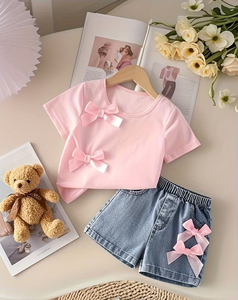 Pink Girls 2Pcs Set Short Sleeve T Shirt With Bows Denim Shorts Sweet Casual Summer Outfit - Product Image 6