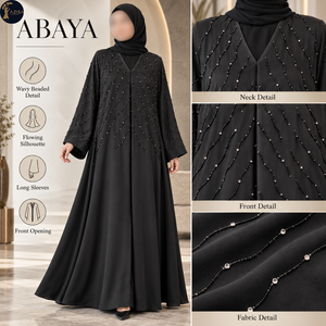 Abaya noire rayonnante avec embellissement perlé ondulé et ouverture frontale |   Robe musulmane modeste longue avec manches longues et fluides - Product Image 5