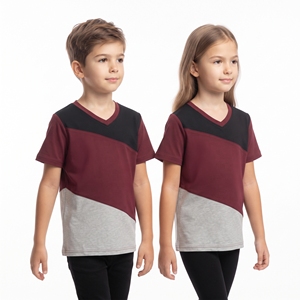 Camisetas de Manga Corta con Cuello en V para Niños y Niñas, Diseño de Bloques de Color en Tres Tonos, Ropa Casual Personalizada al por Mayor para Niños - Product Image 4