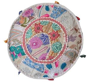 Puf Redondo Bohemio Hecho a Mano con Bordado Floral y Borlas para Decoración de Sala de Estar - Product Image 2