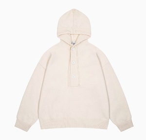 Pull à capuche en tricot pour homme, couleur unie, boutons sur le devant, décontracté, manches longues, coupe classique, vêtements d'automne - Product Image 3