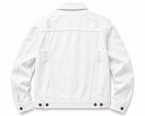 KP INTERNATIONAL <b>Men's</b> <b>White</b> Denim <b>Jacket</b> Regular Fit Frayed Distressed Turn-down Collar Casual Spring Style - Product Image 2