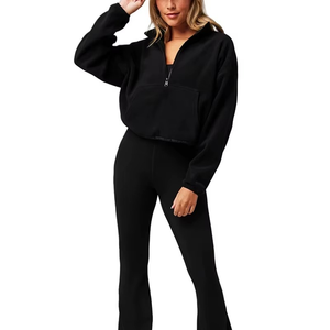 Bulk Custom Quarter-<b>Zip</b> Fleece Pullover Manufacturer | Wholesale Crop Stand Collar Women's Hoodies Vintage Text Versity Oversize - Product Image 2