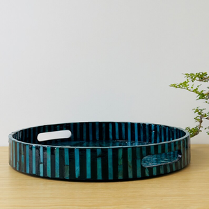 PERFECT ENTERPRISES Round Serving Tray, Lacquer Mother of Pearl Inlay Mosaic Tray, Inlay Nacre Ottoman Tray with <b>Handles</b> - Product Image 2