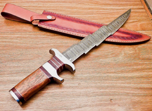 Cuchillo Bowie de Acero de Damasco OEM Imperial Enterprises con Mango de Madera, Hoja de Punta Caída y Borde Recto de 0.6mm de Grosor, Funda de Cuero - Product Image 4