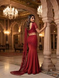 <b>Red</b> Embroidered Crape Silk Saree Stitched <b>Blouse</b> Regular Fit for Wedding Indian Pakistani Traditional Wear Floor-Length <b>Women's</b> - Product Image 3