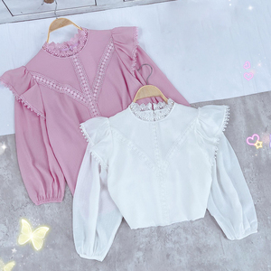 Blusas de Moda para Mujer al por Mayor con Encaje en la Parte Delantera, Cuello Alto, Hombros con Volantes, Manga Larga, Ropa de Trabajo para Tiendas de Boutique - Product Image 4