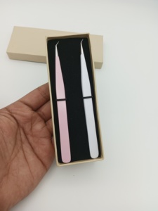 Ensemble de pinces à cils de précision à pointe lisse en acier inoxydable, étui crème, outil professionnel pour cils, 2 pièces, logo personnalisé, pointe ultra-fine - Product Image 3