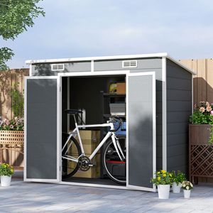 Caseta de Almacenamiento Exterior de Plástico Gris de 8' x 4' con Puertas con Cerradura, Ventilaciones, Ventana en el Piso para Patio Trasero, Jardín - Product Image 2