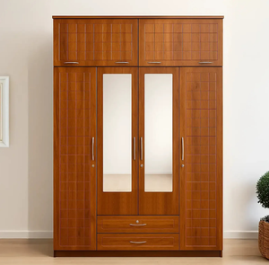 Large teak finish 4 <b>door</b> wooden <b>wardrobe</b> with upper lofts and dual central <b>mirrors</b>, available at wholesale prices. - Product Image 1
