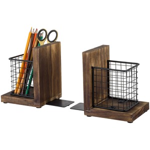 Wooden Bookends With Metal <b>Wire</b> <b>Basket</b> 2Pcs Rustic Design For Desk Storage - Product Image 3