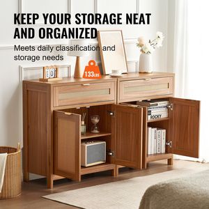 Set di 2 Mobili Contenitori Regolabili in Rattan, Credenza con 4 Ante Magnetiche e 2 Cassetti per Bar - Product Image 3